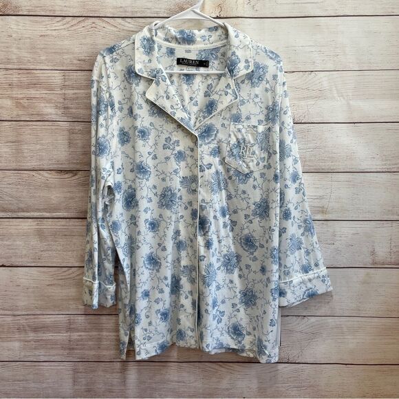 NEW WITH TAGS LAUREN RALPH LAUREN BLUE FLORAL PAJAMA TOP - Picture 1 of 6